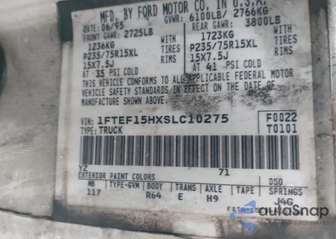 1995 Ford F150 from USA, damaged, VIN 1FTEF15HXSLC10275